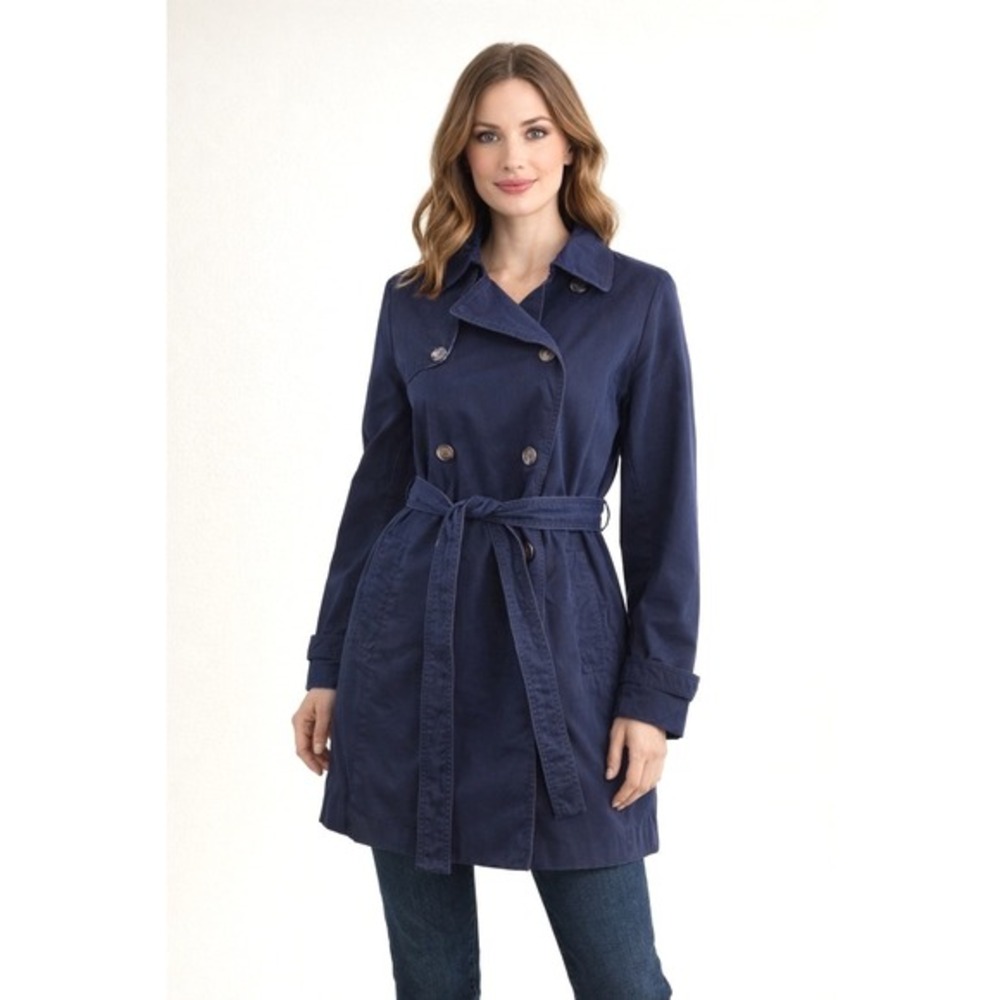 Gap Navy Blue Double Breasted Trench Coat Belted Cotton Jacket L Fall Chic 63-13